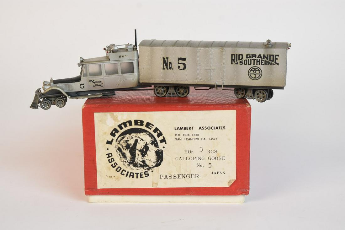 Lambert Associates HOn3 RGS Galloping Goose No. 5: Lambert Associates HOn3 RGS Galloping Goose No. 5, passenger, made in Japan. Comes with box. Box measures 9" x 3 3/4" x 2 1/2". Contact our recommended 3rd party "for profit" shipper Pak Mail at (260)