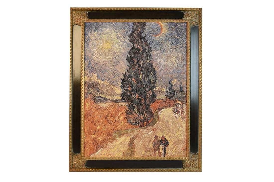 Vincent Van Gogh "Cypresses And Two Figures" Repro: Vincent Van Gogh (1853-1890), an artist enchanced painting, titled "Cypresses And Two Figures" from the Brushstrokes Collection, 109/500. Frame measures 29" x 36". Comes with Certificate of Authentici