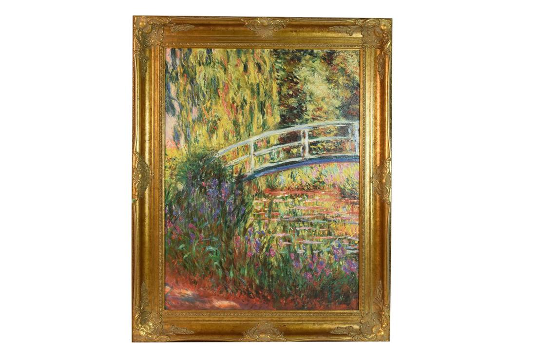 Claude Monet "Japanese Bridge" Brusrokes Painting: Claude Monet (1840-1926), an artist enchanced painting, titled "Japanese Bridge, Waterlily Pond" from the Brushstrokes Collection, 94/1485. Frame measures 33 1/4" x 42". Contact our recommended 3rd pa
