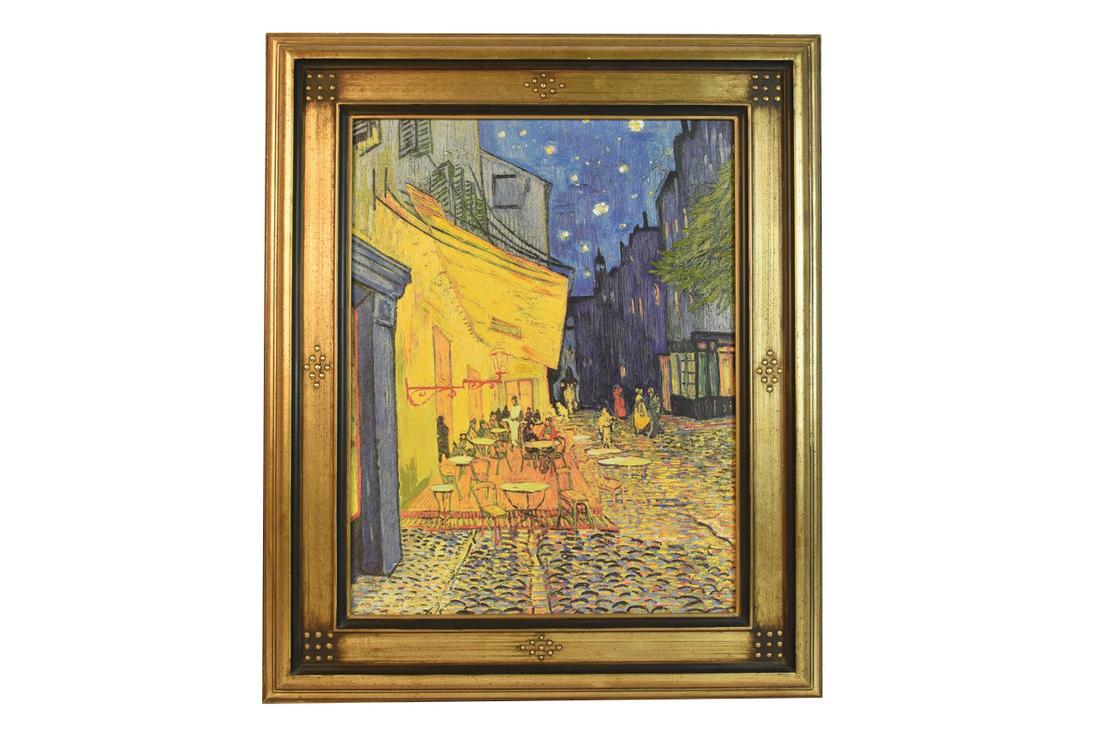 Vincent Van Gogh "The Cafe, Arles" Repro: Vincent Van Gogh (1853-1890), an artist enchanced painting, titled "The Cafe, Arles" from the Brushstrokes Collection, 129/485. Frame measures 28" x 33 1/4". Comes with Certificate of Authenticity. Co