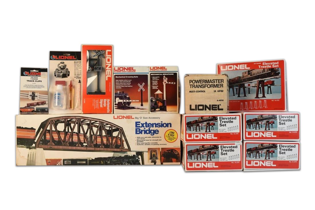 LARGE Lot of Lionel Accessories: (5) Lionel Elevated Trestle Sets No. 6-2111. Lionel Powermaster Transformer Multi-Control 6-4090. Lionel Big 'O' Size Accessory Extension Bridge 6-2122. Lionel Mechanical Crossing Gate 6-2309. Lionel 