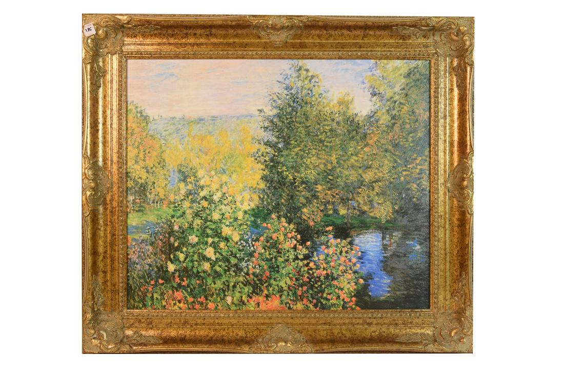 Claude Monet "Corner of The Garden at Montgeron": Claude Monet (1840-1926), an artist enchanced painting, titled "Corner of The Garden at Montgeron" from the Brushstrokes Collection, 69/980. Frame measures 37" x 32". Comes with Certificate of Authent