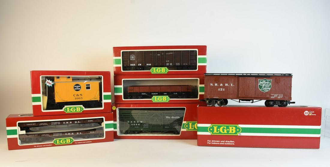 (6) LGB The Big Train Passenger Cars: Lehmann Gross Bahn "The Big Train" passenger cars, set of four. Cars include C&S 1003 #43650, S.R. & R.L. #4600, D&R GW 1646 #4073, D&RGW 4061 #4061, D&RGW 4068 #4068, S.R. & R.L 121 #48670. Contact o