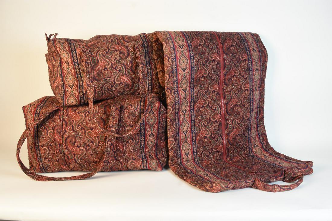Vtg. Vera Bradley Luggage & Bags: A set of three Vera Bradley brand luggage pieces in the retired "Paisley" pattern. Includes a garment bag, a small duffel, and a larger duffel. Tags read "Vera Bradley Indiana." Large duffel measures 