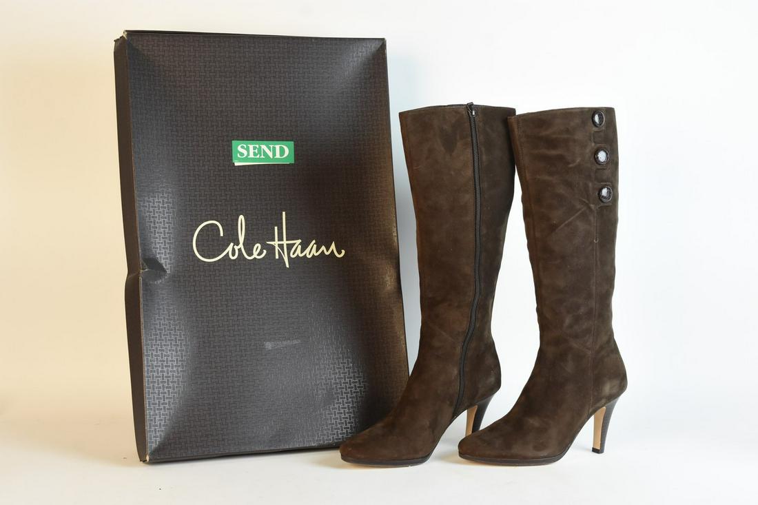 Cole Haan Suede Brown Boots, 9B: A size 9B pair of Cole Haan with Nike Air Jodhpur suede knee high boots. The boots Each pair includes a zipper closure to one side and a button closure to the other. Measures approx. 19" long. Very mi