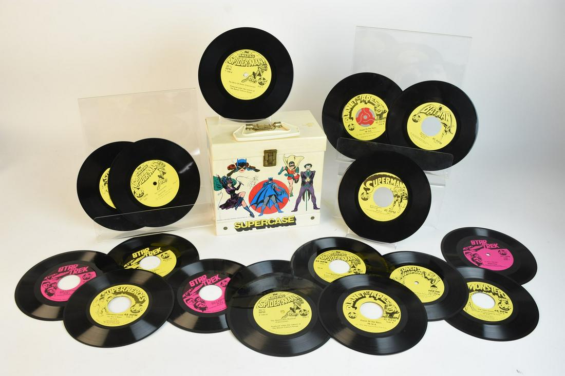 DC Comics Showcase w/ Comic Records (NO Books): An assortment of Power and Peter Pan comic records WITHOUT comic book. The records are presented in a 1976 DC Comics Showcase record container. 45RPM records include two copies of "Planet of the Apes"