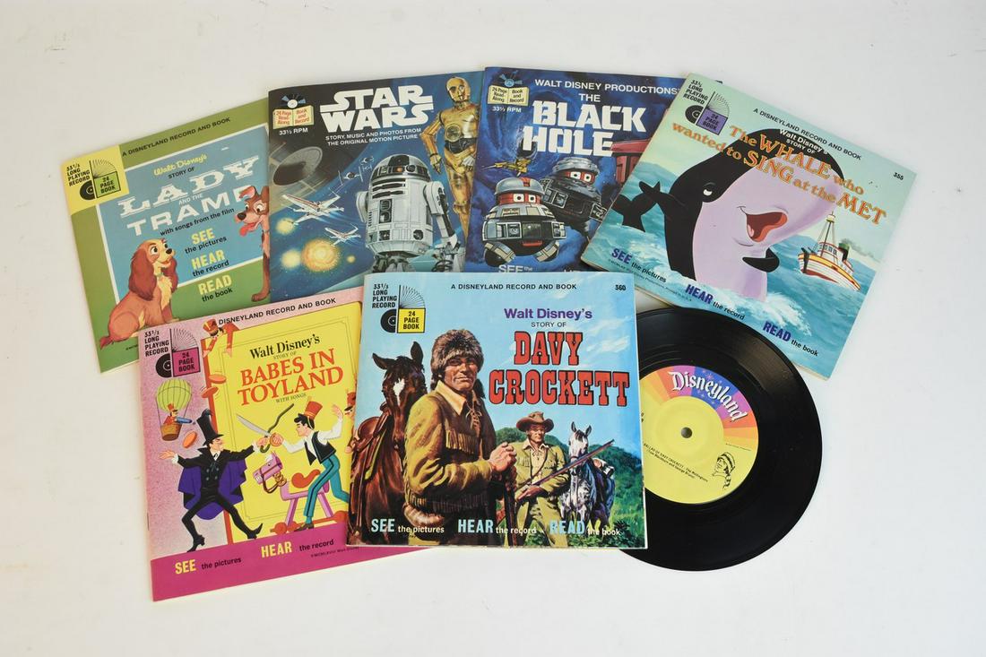 Disneyland Record and Book Sets Incl. Davy Crocket: A selection of six Disneyland Record and Book sets. The sets include one 33 1/3 record with illustrated children's book. Titles include "Walt Disney's Story of Davy Crockett" (1971), "Walt Disney's St
