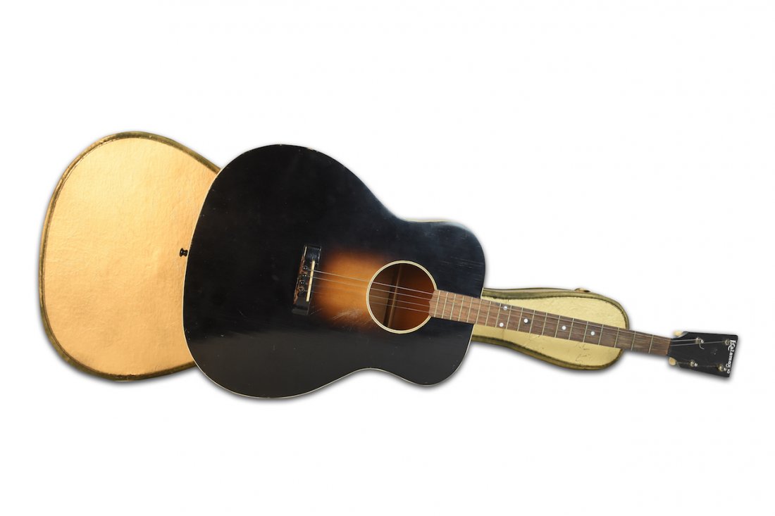 1930s Kalamazoo KG-11 Tenor Guitar: A 1930s Gibson-made Kalamazoo brand KG-11 flat-top acoustic tenor guitar with a dark sunburst pattern. The back and sides are mahogany and the top is spruce. Some loss of paint; surface scratches; lar