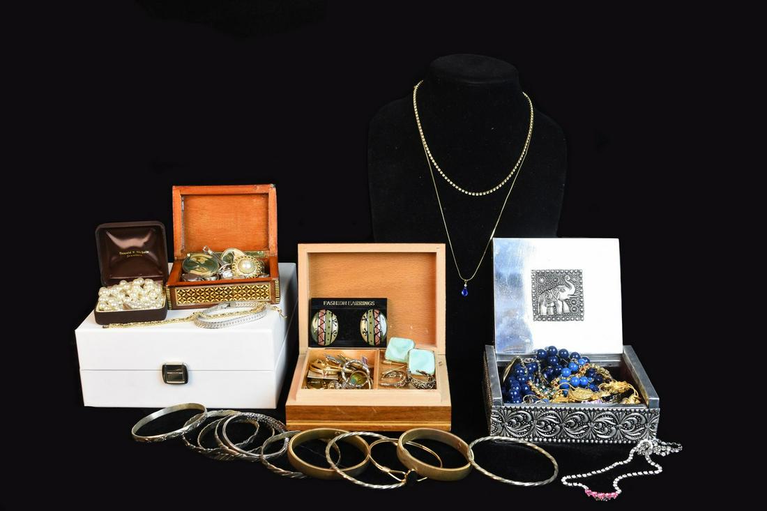 Costume Jewelry Incl. Sterling 2.80 ozt: An assortment of jewelry including sterling (2.80 ozt weighable silver). Includes Napier, Eisenberg, 1928, Marsh, Etienne Aigner keychain, an Austrian crystal keychain, a Gruen watch, a Glycine watch