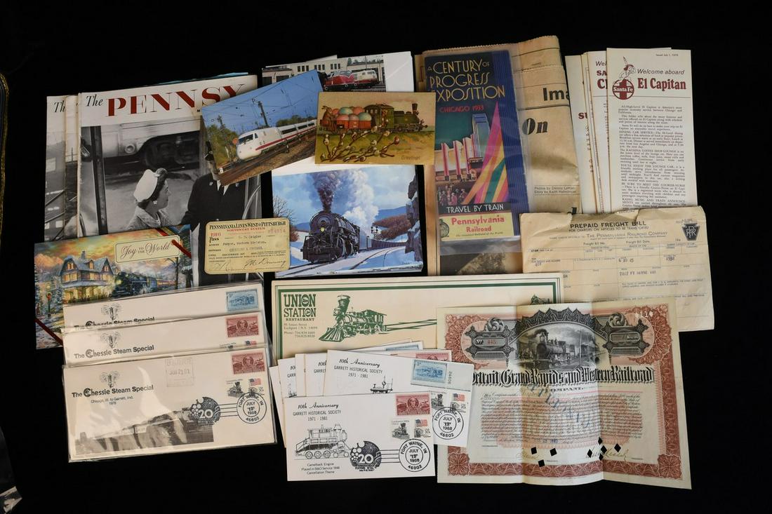 Railroad Ephemera Incl. Magazines: A selection of railroad ephemera. Includes a Chicago 1933 World's Fair "Travel by Train" brochure; a Lima, Ohio 1981 newspaper article featuring a story titled "Workin' on the Railroad"; a Norfolk and