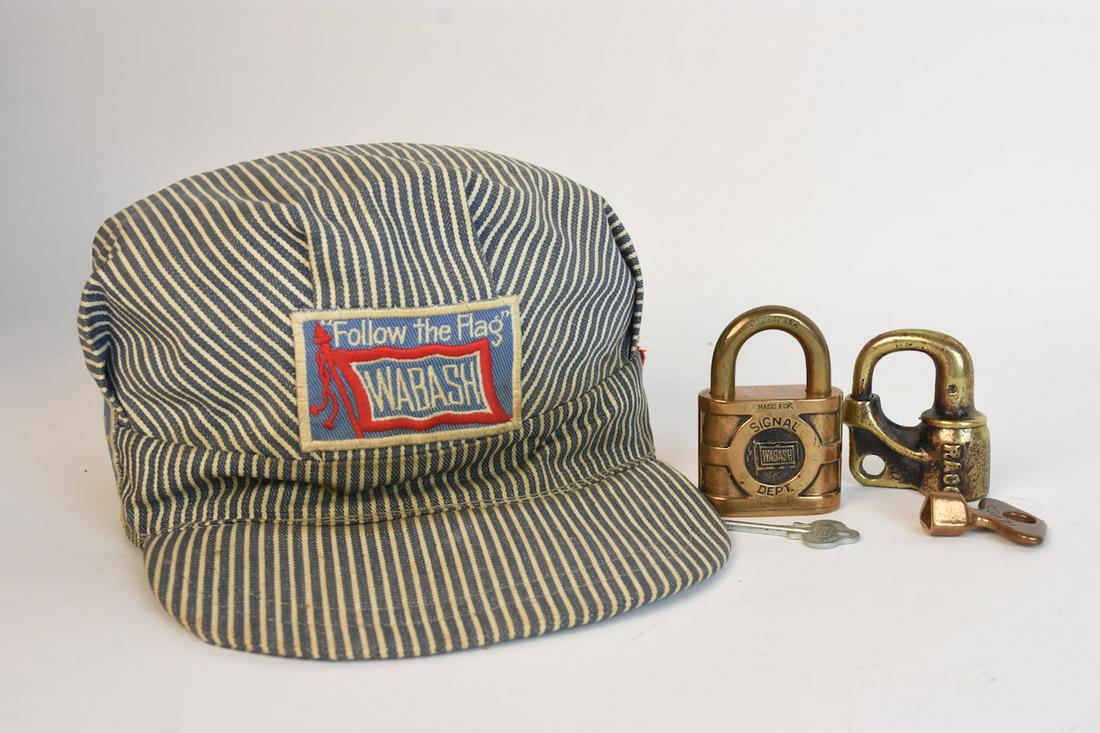 Wabash PRR Hat W/ 2 Brass Railroad Padlocks: Wabash Signal Dept. brass padlock manufactured by The Yale & Towne Mfg Co, made in the USA. Comes with working key, although not original to the lock. Raco NYCS railroad brass padlock with key embosse