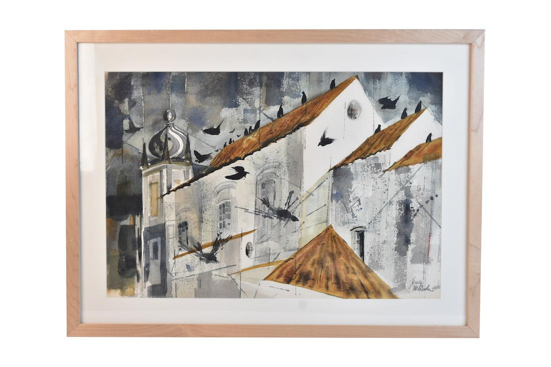 James McBride Ft Wayne Artist Watercolor, SLL: James McBride 1970 Hoosier Salon Exhibit. Titled "Approaching Storm" watercolor. Sll. Frame measures 20" x 27". Visible art measures 14 ½" x 21 ½". Contact our recommended 3rd party "for profit" shi