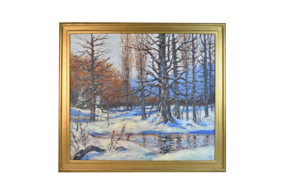 Norman W Bradley Ft Wayne Artist Oil Painting: Original Norman W Bradley, local Fort Wayne, Indiana artist, winter landscape oil painting titled "Pond in Winter". Measures 33 ¼" x 37 ½". Contact our recommended 3rd party "for profit" shipper Pak