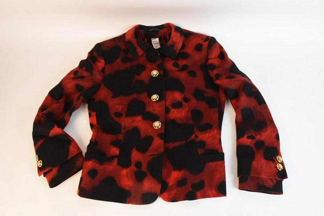 Gianni Versace Couture Blazer: A red and black wool & cashmere blazer marked with an interior sewn-in tag "Gianni Versace Couture." The blazer includes ornate gold tone button closures. Measurements- 18.5" bust, 17.75 waist, 18" bo