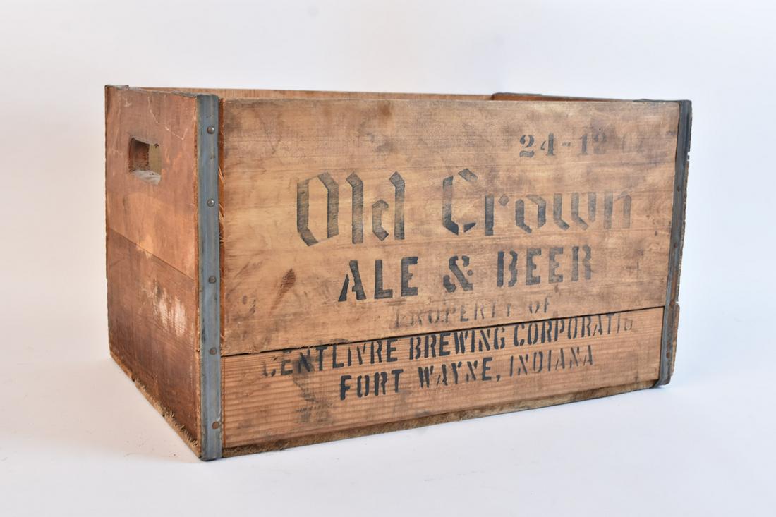 Old Crown Centlivre Fort Wayne Adv. Wood Crate: Old Crown Centlivre Brewing Corp., Fort Wayne advertising wooden beer & ale crate. Crate measures 12" x 18" x 10 ½". Crate is in vintage condition, worn logo/ lettering, splitting wood, staining, etc