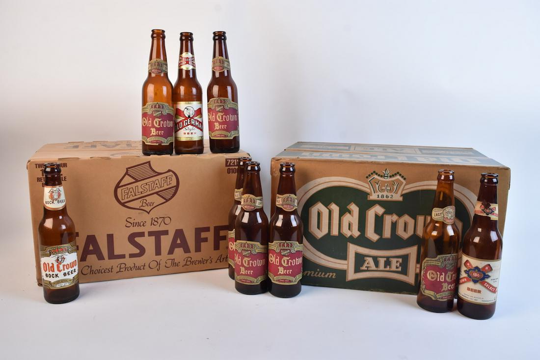 Falstaff & Old Crown Shipping Boxes w/ Bottles: Falstaff Beer & Old Crown advertising cardboard shipping boxes. Comes with a mixture of 14 glass beer bottles in all, most are Old Crown some Old German Lager & IBC. Falstaff Beer box measures 11" x 1