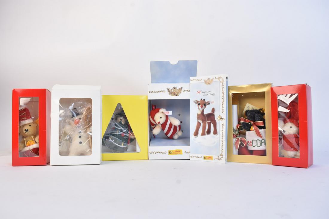 Collection of (6) Steiff Christmas Ornaments: Nice collection of 6 Steiff Christmas ornaments. Ornaments include: Snowman (03289); Teddy Bear in coal stocking (650833); mohair teddy ornament (650802 ); teddy bear christamas tree (01810) and the N