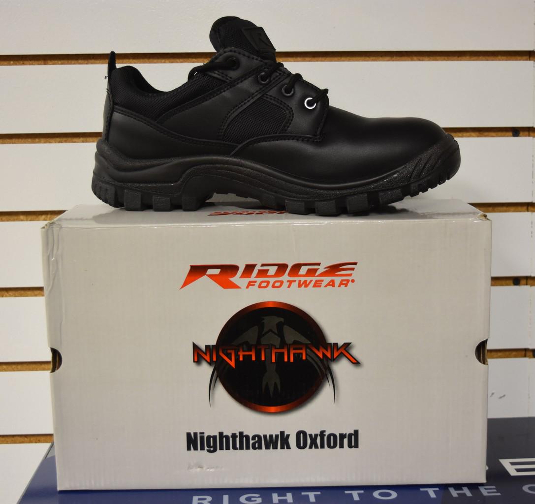 Men's Ridge Nighhawk Oxford Black Shoes, 14: NEW in box, men's Ridge Nighthawk Oxford footwear in black. Leather and polyester uppers. US size 13. Contact our recommended 3rd party "for profit" shipper Pak Mail at (260) 637-4809 or contact@pakma