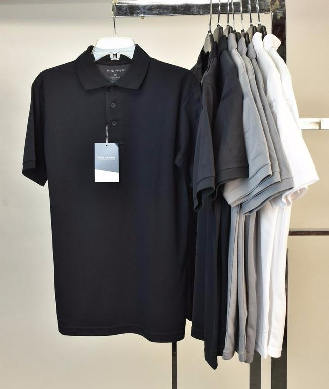 (8) Men's Propper Short Sleeve Uniform Polos, XS: (8) Propper Uniform Short Sleeve Polos, size XS, 100% polyester. Three Lapd navy, three grey, two white. Contact our recommended 3rd party "for profit" shipper Pak Mail at (260) 637-4809 or contact@pa