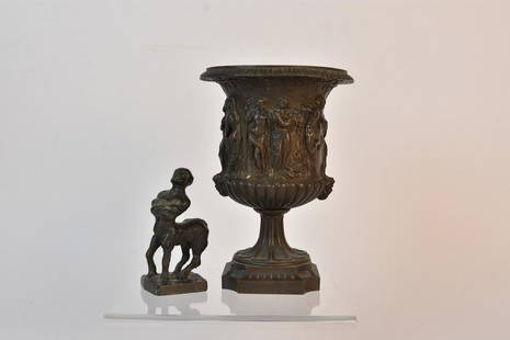 Bronze Neoclassical Urn & Centaur Statuette: A pair of Greco-Roman neoclassical style items. Includes a statuette depicting a centaur and an urn with relief Greco-Roman style scenes scrolling throughout its sides. Patina; interior stains and res