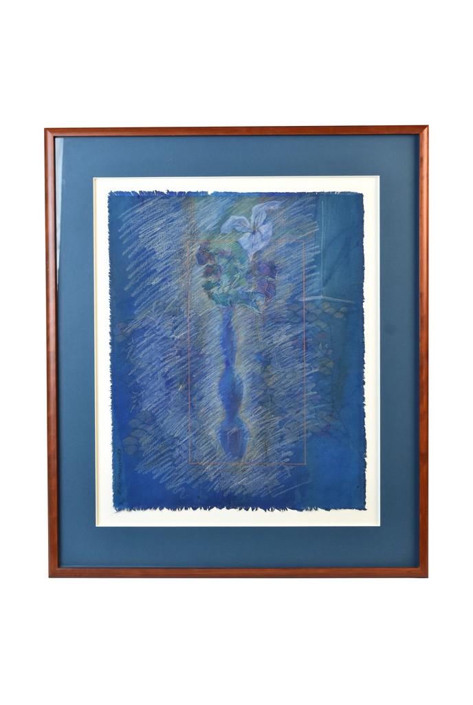 Marilyn Bock-Tobolski Acrylic Painting: An original Marilyn Bock-Tobolski (Fort Wayne artist) acrylic prisma color painting on canvas titled "The Cobalt Blue Vase." This piece is presented beneath blue matting over white and is encompassed 