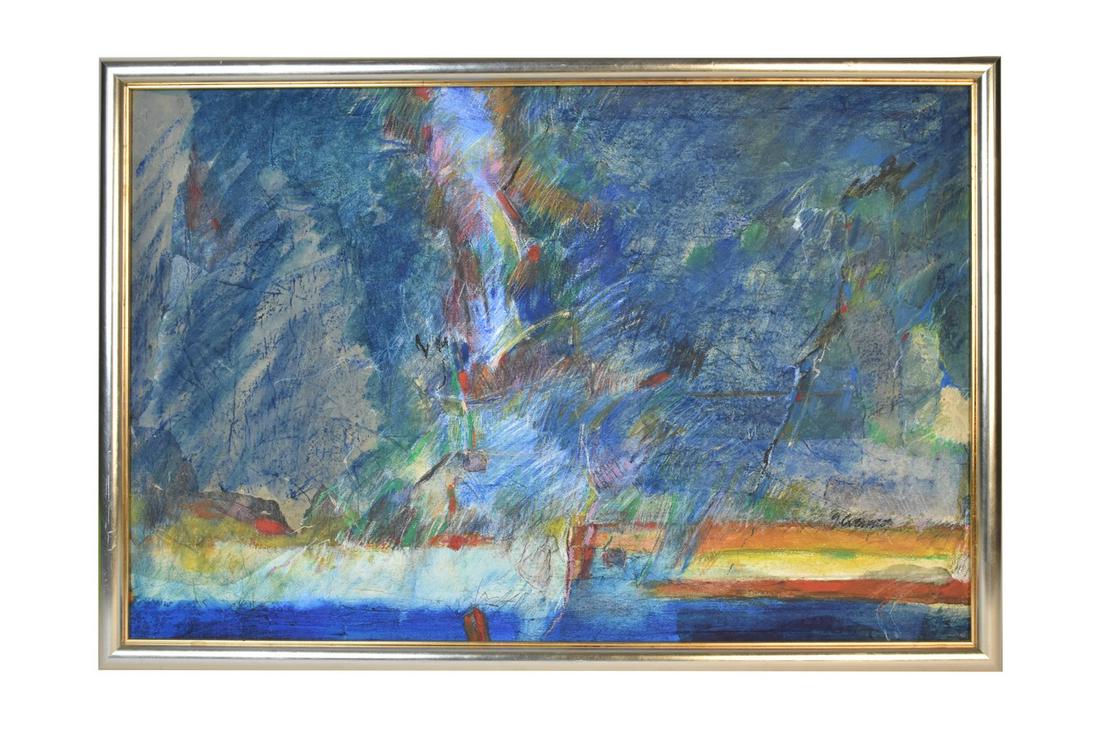 Susan Cvengros Original Oil Collage: An original oil collage by Susan Cvengros (American, 1974-1999) titled "Blue Landforms." Measures 38" W x 26" H. Light wear to frame. Please Note: Scheerer McCulloch Auctioneer only ships a limited nu