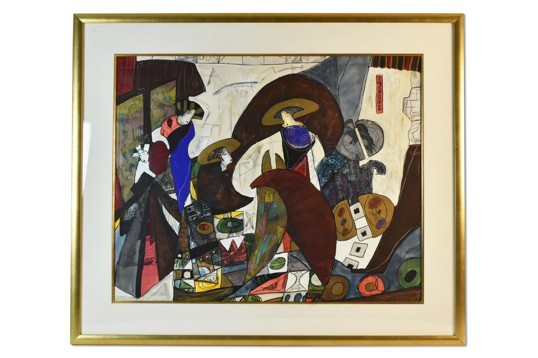 M. Aaron Mixed Media "Spiritual Aikido": A piece of mixed media artwork by M. Aaron titled "Spiritual Aikido." The Japanese themed piece includes various abstractly presented figures. Presented beneath acrylic glass, fabric matting, and enco