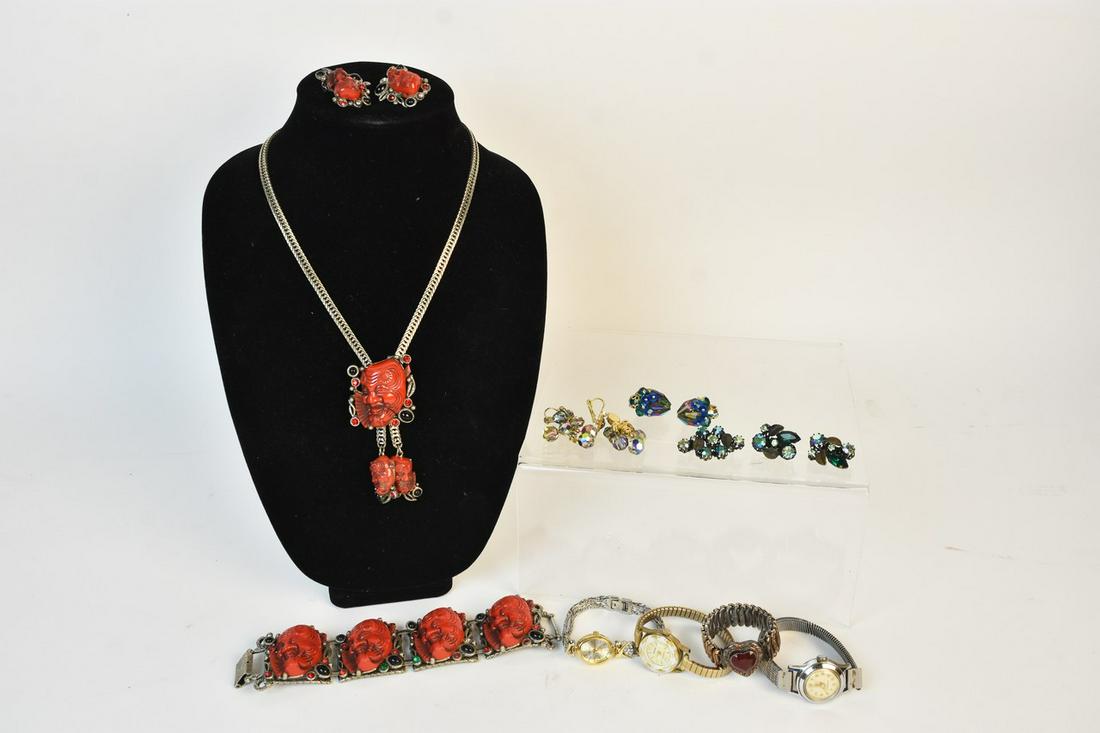 Ladies' Wrist Watches & Costume Jewelry: An assortment of three watches; three pairs of earrings and an Selro Full Parure set. Brands include Manson, Timex, and Revlon. Condition varies- watches untested. Please Note: Scheerer McCulloch Auct