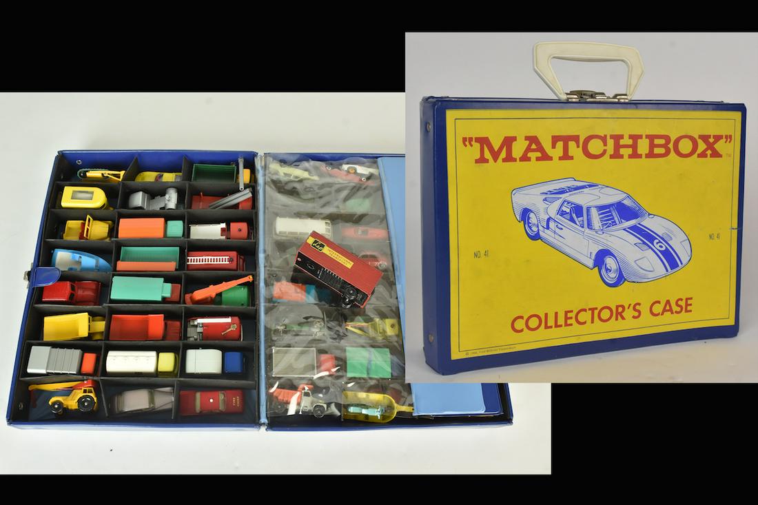 Lesney Diecast Collection w/ Collector's Case: A large collection of vintage Lesney "Matchbox" diecast cars & trucks. Cars are presented in a 1966 No. 41 Matchbox Collector's Case. Condition of cars varies; collection may not exclusively be Lesney