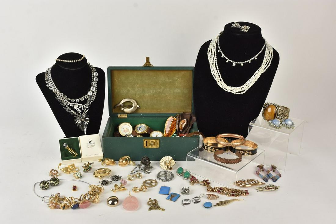 Costume Jewelry Incl. Trifari & Sterling, 2.25 ozt: A large assortment of costume jewelry including approx. 2.25 ozt sterling silver inclusive of all other materials. Includes America Perry Club watch, Waltham watch; engraved & monogrammed lighter; Tri