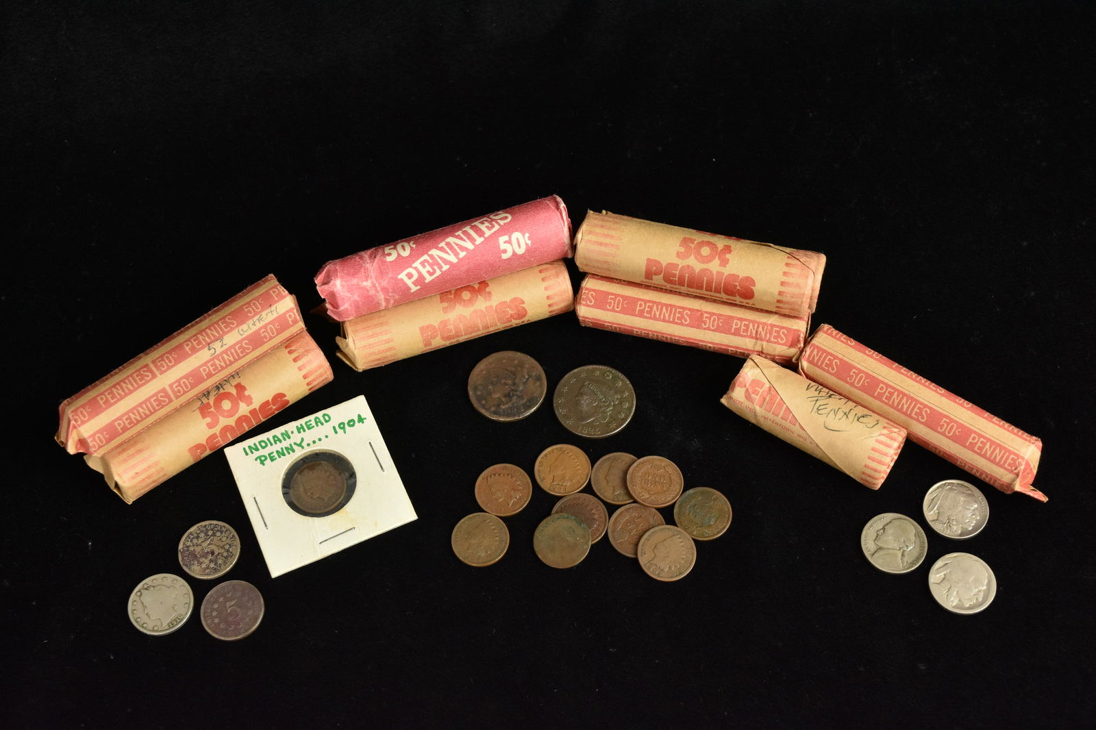 (560+/-) Wheat Pennies, Indian Cents, Large Cents+: Approximately (560+/-) wheat pennies, Indian Head cents (1864, 1875, 1899, 1901, 1902, 1903, 1904, 1905, 1906, 1907), 1825 Liberty Head large cent, 1853 Liberty Head large cent, (2) shield nickels, (1