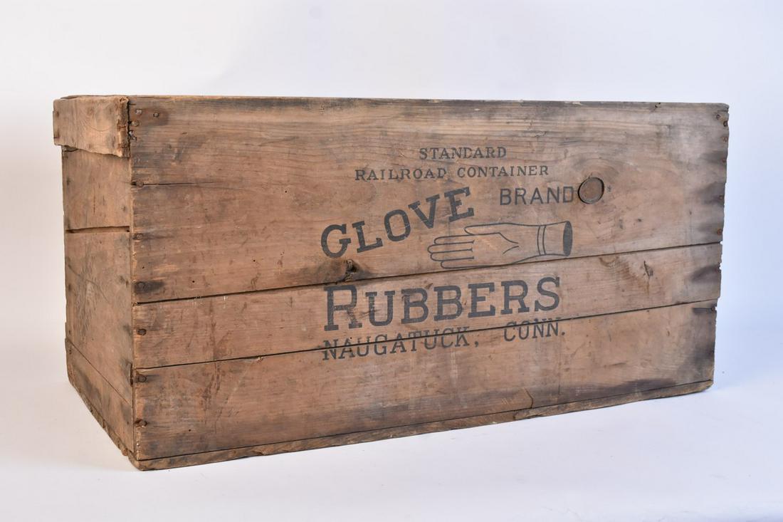 Antique Rubber Gloves Wood RR Adv Crate: Antique Rubber Gloves Wood RR Advertising crate. Please Note: Scheerer McCulloch Auctioneer will add shipping charges 1-2 business days after auction. Some items, such as exceptionally fragile items, 