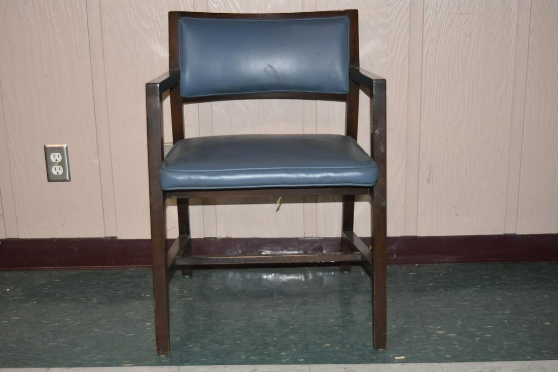 1950s Dunbar Style Armchair: Mid-century Modern Dunbar style armchair, 30.5"x22"x20", no tag. Good condition. Blue leather upholstery excellent condition, no rips, tears, or fading. Average wear on arms, legs, frame. Overall good