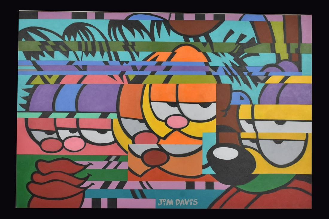 2006 Custom Garfield Abstract Jim Davis w/ Provenance: Dimensions, 36" x 23.75" x 1.25" stretched canvas over frame. This delightfully unique piece features Garfield the cat, Odie the puppy, and Arlene Garfield's girlfriend, all in brilliant colors and an