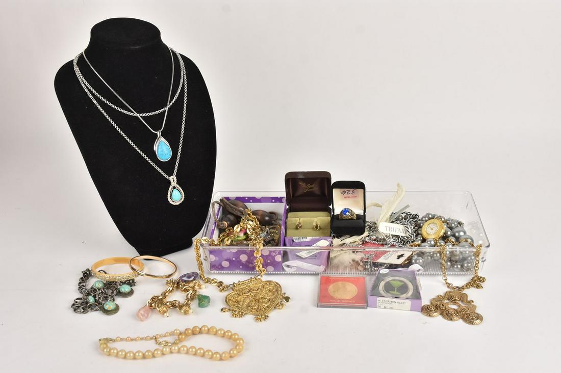 Costume Jewelry Incl. Trifari: An assortment of costume jewelry including a Trifari necklace. Also includes a Lucerne pocket watch, a Lia Sophia necklace, a Liz Claiborne bracelet & necklace, and more. Condition varies. Please Note