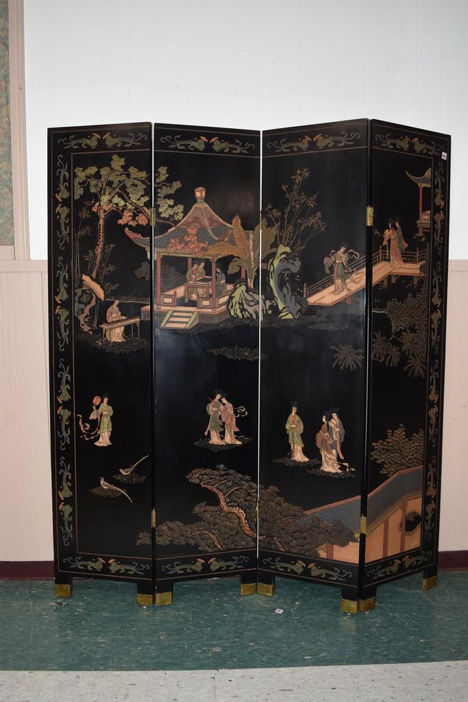 East Asian Black Lacquer Screen w/ Carvings (1 of 10)