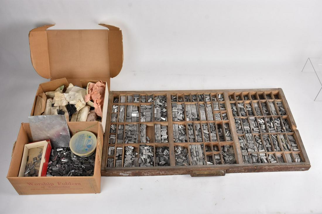 24 PT Cheltenham Bold Cond Wood Drawer and Typeset: (1) Wood drawer, with brass pull marked "24 PT Cheltenham Bold Cond", contains (*full*) set of typeset. (1) box of mixed typeset, (1) Box preset typeset bundles for church bulletin, including (1) cust