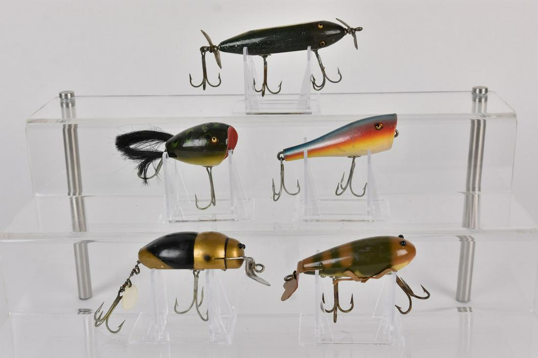 (5) Vintage Fishing Lures: 1) 4.5" CCB Co Spinning Injured Minnow, Perch marked, 3 treble hook, original spinners, glass eyes, fair condition some cracking and wear. 2) 3.5" CCB Co The Crawdad, original leather legs, glass eyes