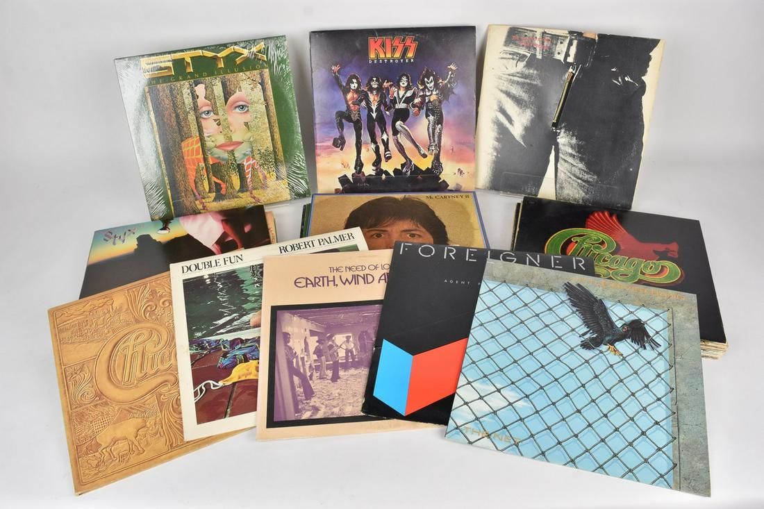 Records Incl. Kansas, Styx +: A lot featuring approx. 30 vinyl record albums including Kiss, Styx, Kansas, Jimmy Buffet, and more. Untested, condition varies. Please Note: Scheerer McCulloch Auctioneer will add shipping charges 1-