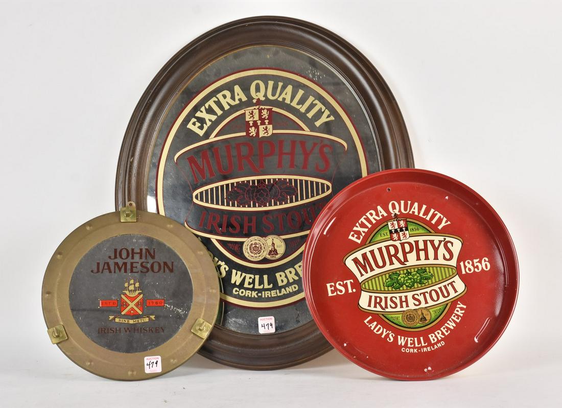 (3) Bar Advertisements: (1) 23.5" x 19.5" Murphy's Irish stout bar mirror. Mirror in excellent condition, frame in good condition. (1) 13" Red, Murphy's Irish stout beer tray. Excellent condition. (1) 11" John Jameson whiske