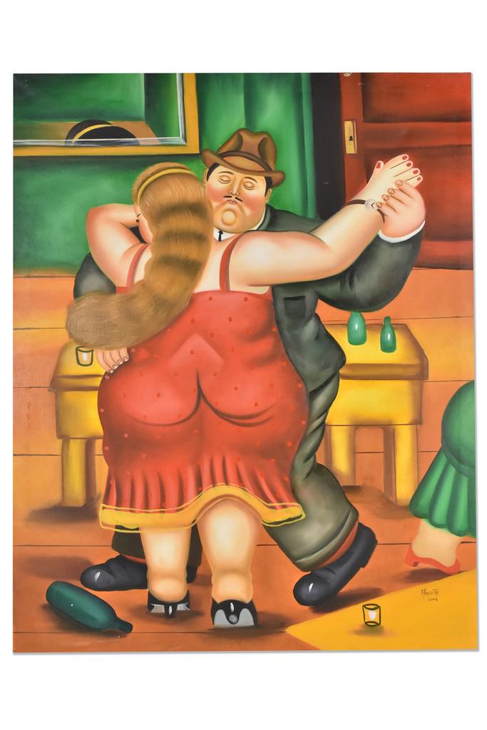 Oil on Canvas Reproduction of Botero "Dancers": 35.5" x 39.25" Oil on canvas. Reproduction of Fernando Botero "Dancers" by Copia Argueta. Excellent condition. No Frame. Please Note: Scheerer McCulloch Auctioneer will add shipping charges 1-2 busine