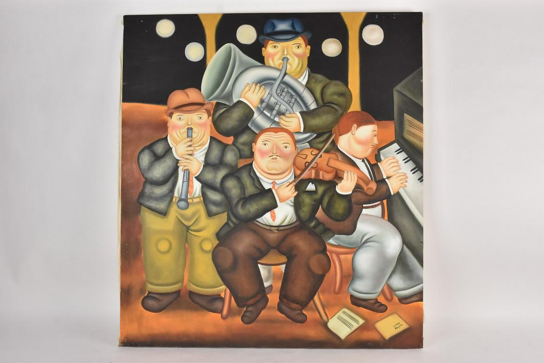 Oil on Canvas Reproduction of Botero "The Band": 35.5" x 39.25" Oil on canvas. Reproduction of Fernando Botero "The Band" by Copia Argueta. Excellent condition. No Frame. Please Note: Scheerer McCulloch Auctioneer will add shipping charges 1-2 busin