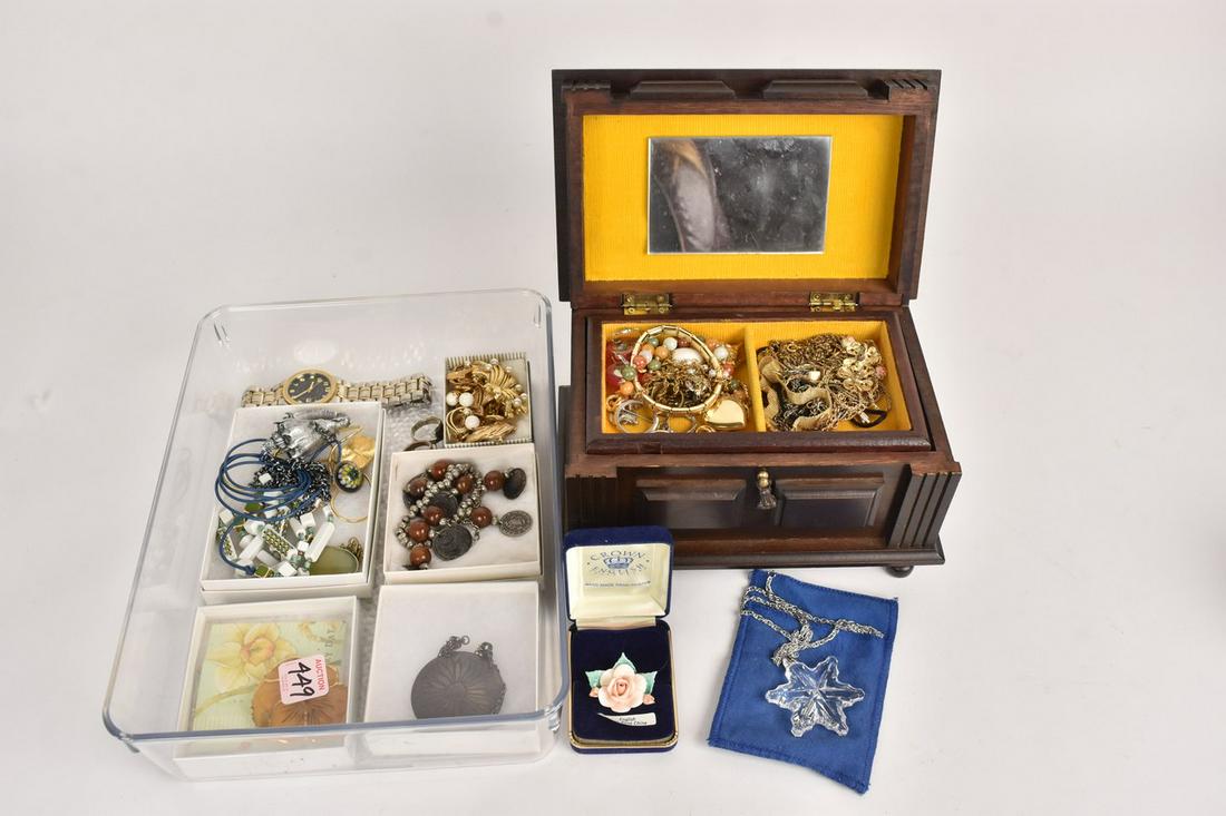 Costume Jewelry Incl. Sterling, 0.50 ozt: A lot of costume jewelry including approx. 0.50 ozt weighable sterling silver. Includes brands such as Monet, Sarah Coventry, Avon, and a Waltham watch. Also included is a jewelry music box. Condition