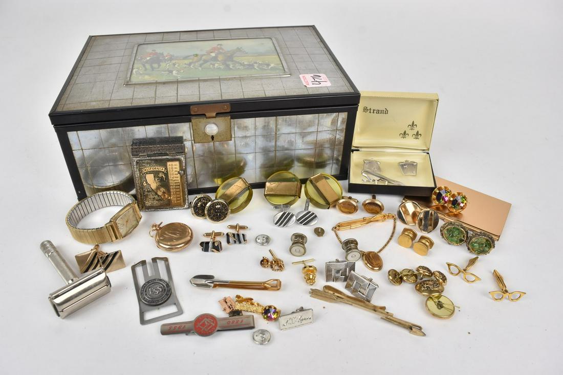 Men's Accessories Incl. Waltham Pocket Watch: A lot featuring men's accessories including a Waltham pocket watch and 10KT Gold Filled Girard Perregaut watch. Also includes notepad in metal California case; a gold tone business card holder monogra