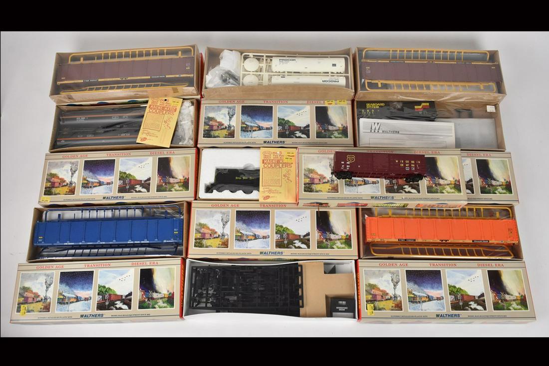 (10) Walthers HO Scale Model Train Kits: A collection of 10 Walthers HO scale model train kits in original packaging. One model kit appears assembled, rest are sealed; shelf wear and retail stickers to packaging. Please Note: Scheerer McCull