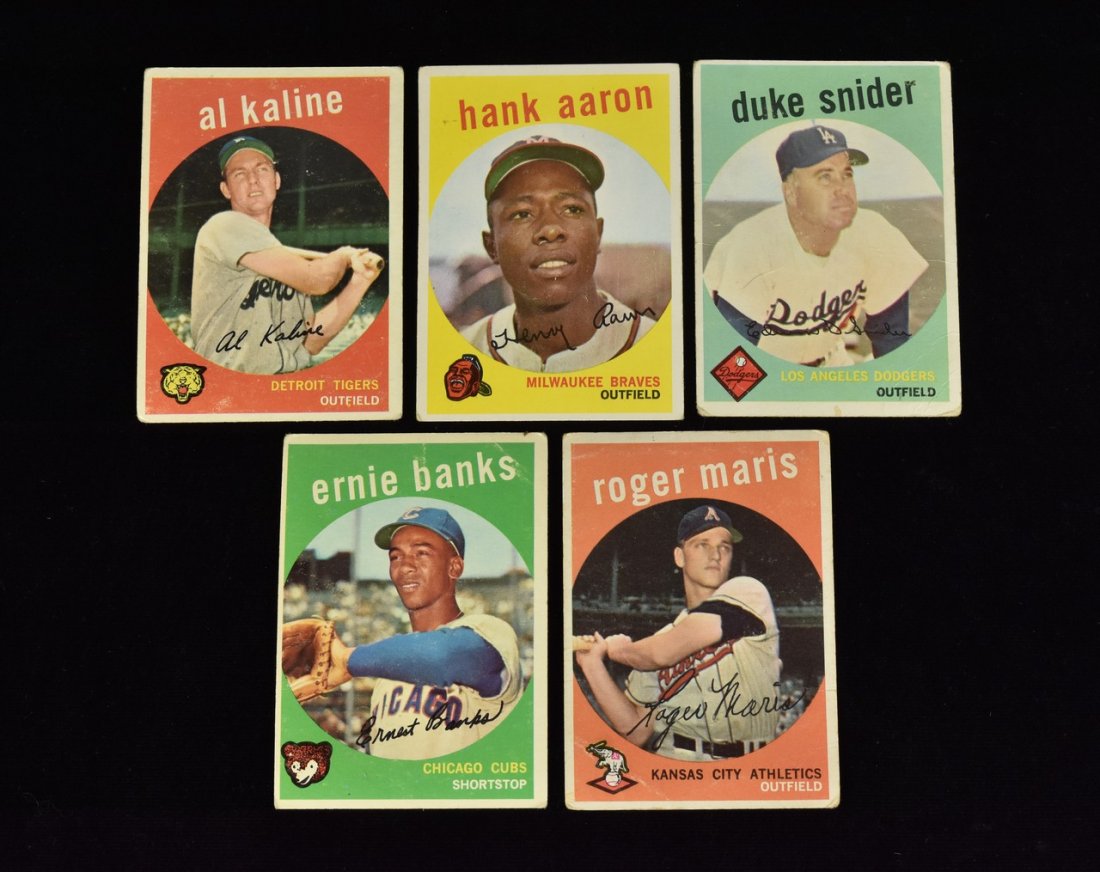 (5) 1959 Topps Aaron, Maris, Kaline, Banks etc: Please Note: Scheerer McCulloch Auctioneer will add shipping charges 1-2 business days after auction. Some items, such as exceptionally fragile items, items won by International bidders, or large item