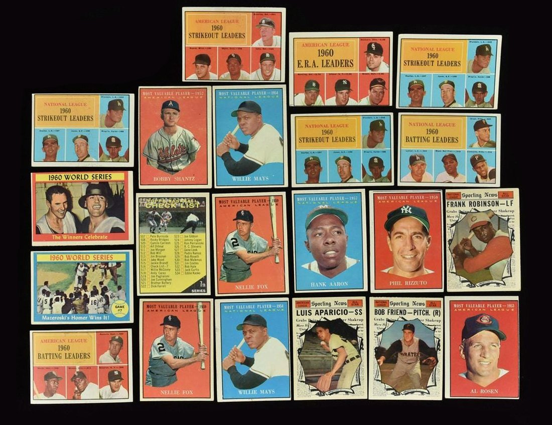 (21) 1961 Topps Aaron, Mays, World Series: 21 cards, see photos. Please Note: Scheerer McCulloch Auctioneer will add shipping charges 1-2 business days after auction. Some items, such as exceptionally fragile items, items won by International 