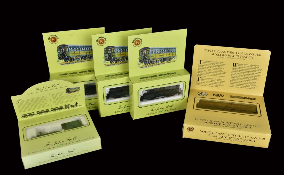 Bachmann Classic Series & John Bull Series: A collection of six HO scale Bachmann train cars in original packaging. Includes a Norfolk and Western Class J 611 Water Tender; a John Bull replica locomotive w/ tender; and three replica John Bull c