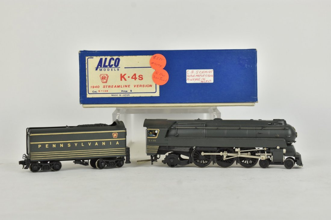Alco Brass HO Scale K-4s: An HO scale Alco brass K-4s 1940 Streamline Version. In original packaging with light shelf wear; some discoloration. Please Note: Scheerer McCulloch Auctioneer will add shipping charges 1-2 business 
