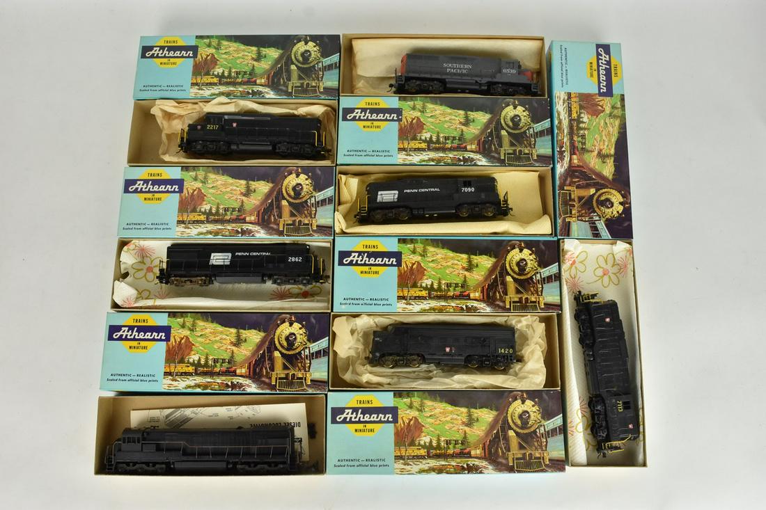 (7) Athearn HO Scale Diesel Locomotives: A collection of seven Athearn HO scale diesel engine locomotives in original packaging. Includes GP-30 Geared RTR; F7A Geared RTR; GP-9 Dummy RTR; and more. Light shelf wear to packaging; handwriting;